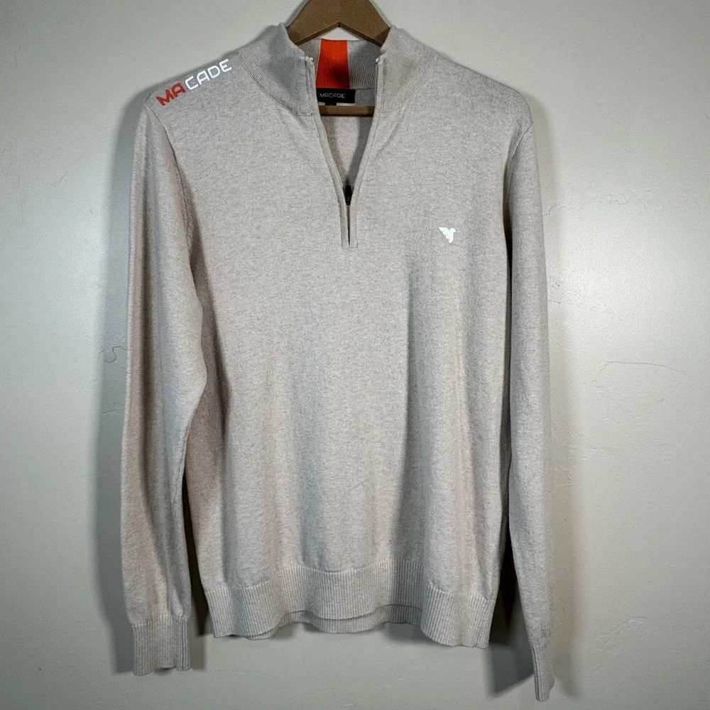 Macade Golf Bridge Merino Quarter Zip Mens Small Oatmeal Wool & Cashmere Blend